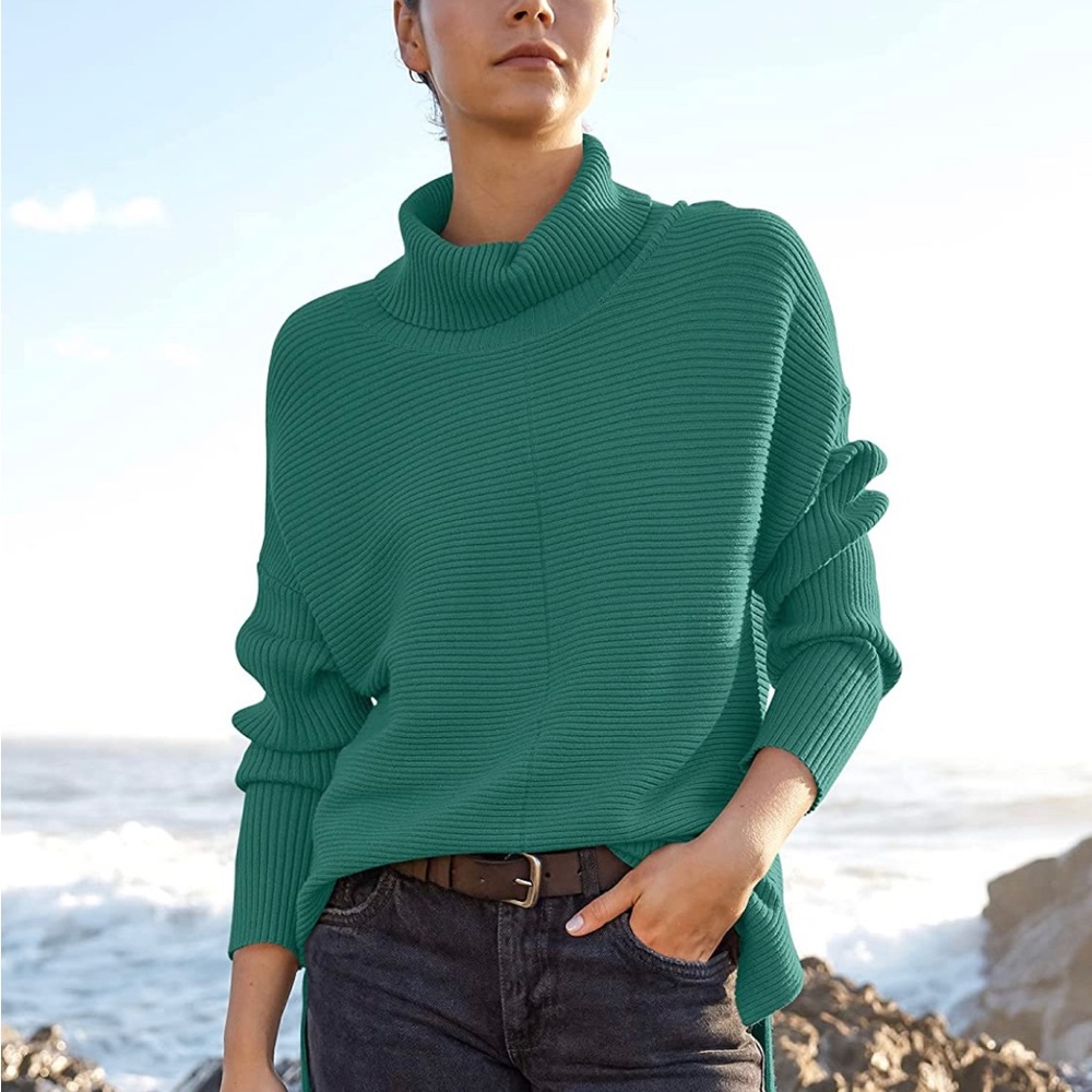 Sweater Turtleneck Batwing Sleeve Spilt Hem